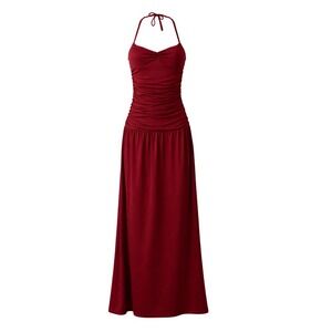 Y2K Burgundy Halter Maxi Dress Ruched Stretch Formal S Stretchy Valentines Prom